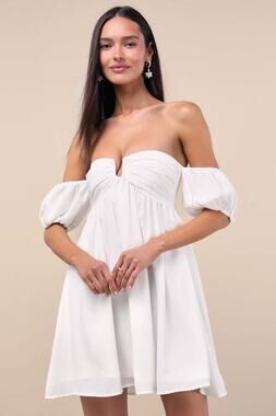 NWT Lulus My Dream Date White Off-the-Shoulder Mini Dress Babydoll Party Size L